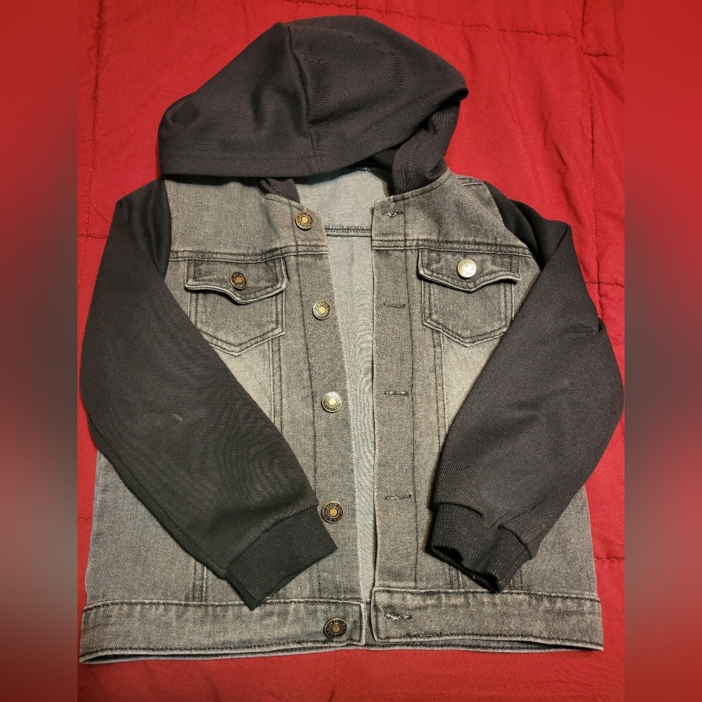 Kids Grey Denim Jacket with Black Sleeves & Hood
